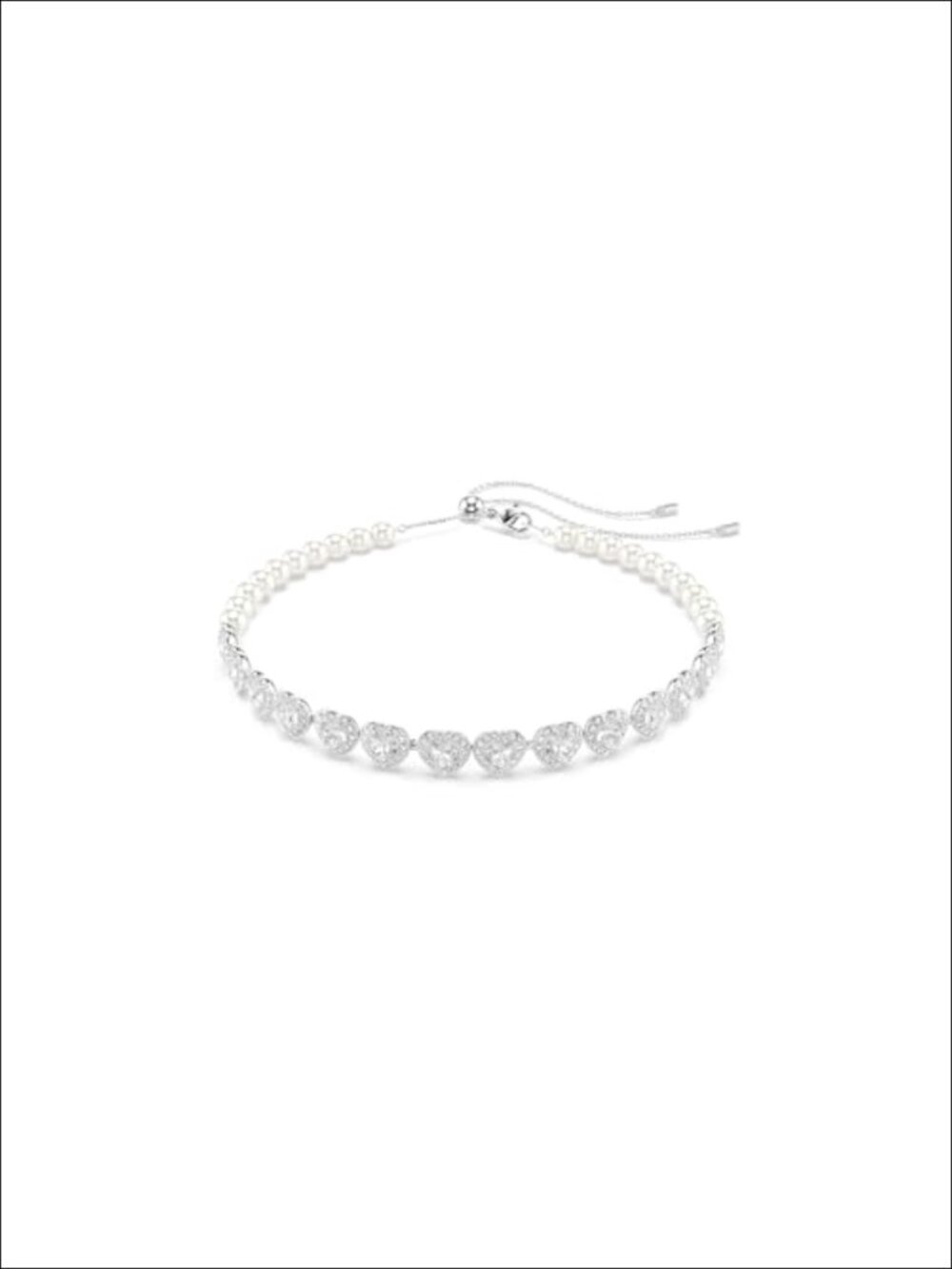 Crystal Pearl Choker Necklace Rhodium Finish Pave Heart Adjustable